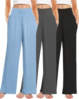 3PACK Women's Casual Loose Wide Leg Cozy Pants Yoga High Waisted Sweatpants Comfy Lounge Pants with Pants with Pockets