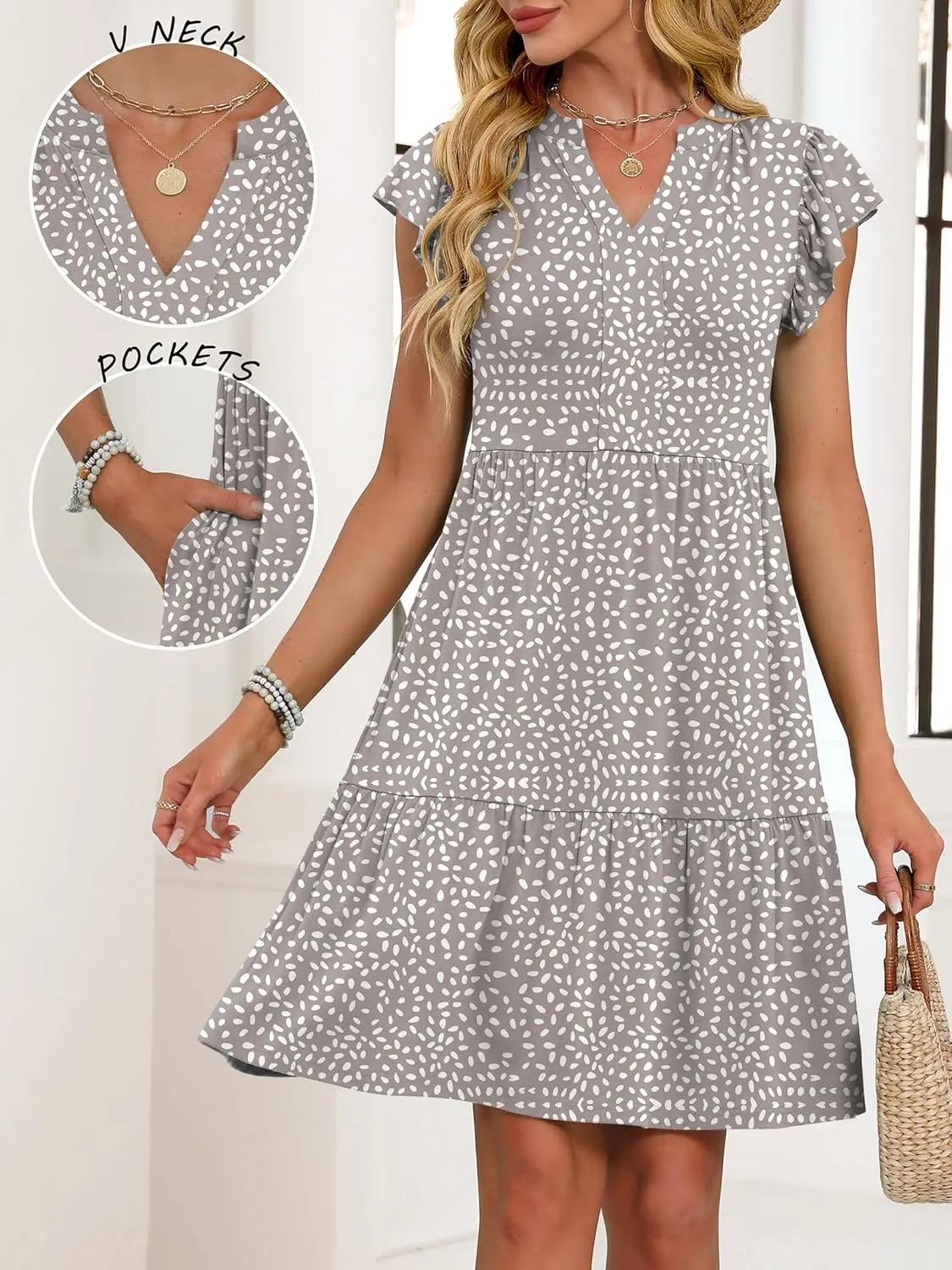 ANRABESS Womens Summer Casual Mini Dress Ruffle Sleeve V Neck Sundress 2025 Fashion Flowy Tiered Boho Beach Vacation Dresses