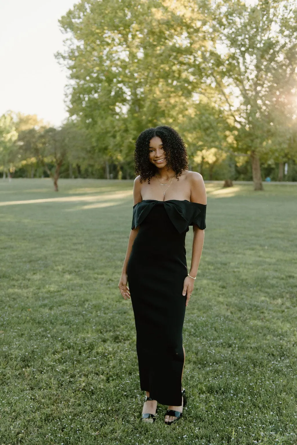 Black Bow Front Knit Midi Dress