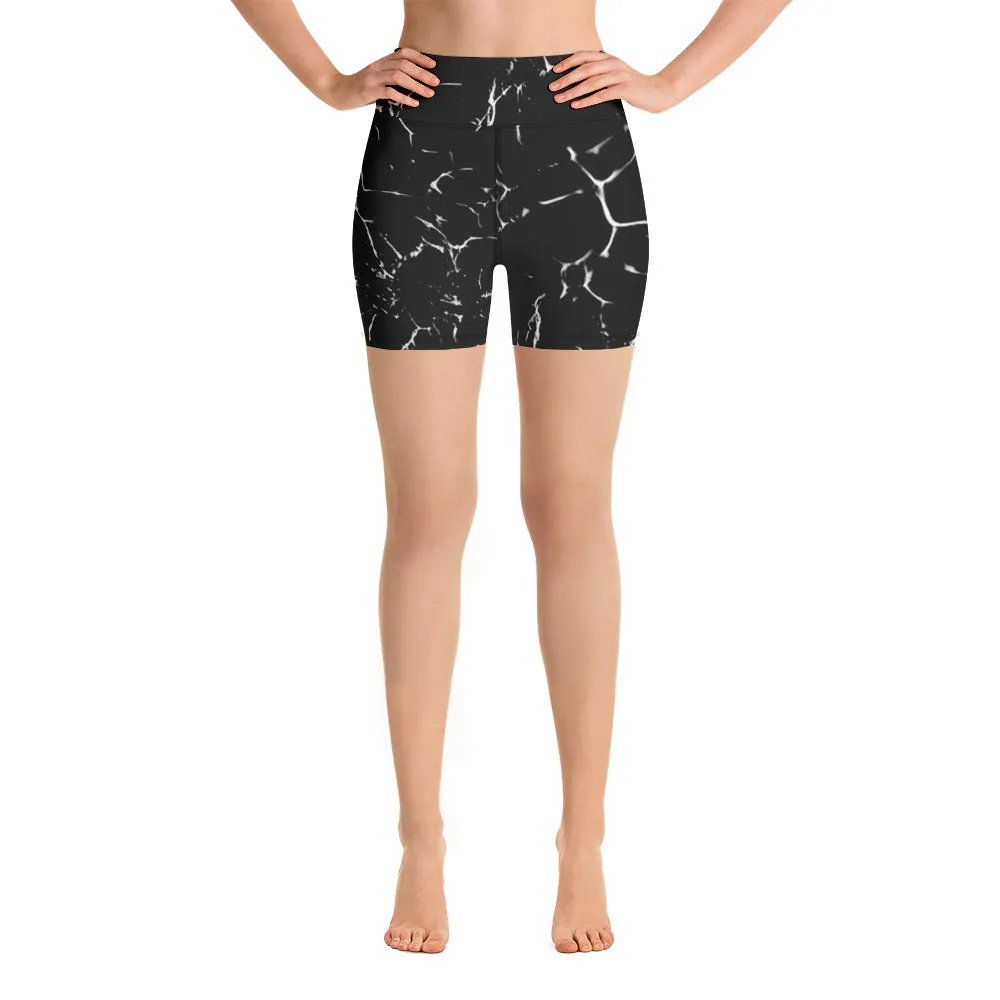 Black Marble Print Yoga Shorts, Marble Abstract Women's Workout Tights-Made in USA/EU/MX