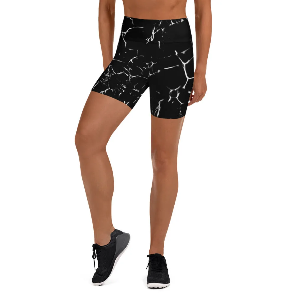 Black Marble Print Yoga Shorts, Marble Abstract Women's Workout Tights-Made in USA/EU/MX