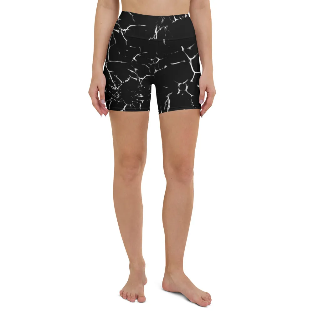 Black Marble Print Yoga Shorts, Marble Abstract Women's Workout Tights-Made in USA/EU/MX
