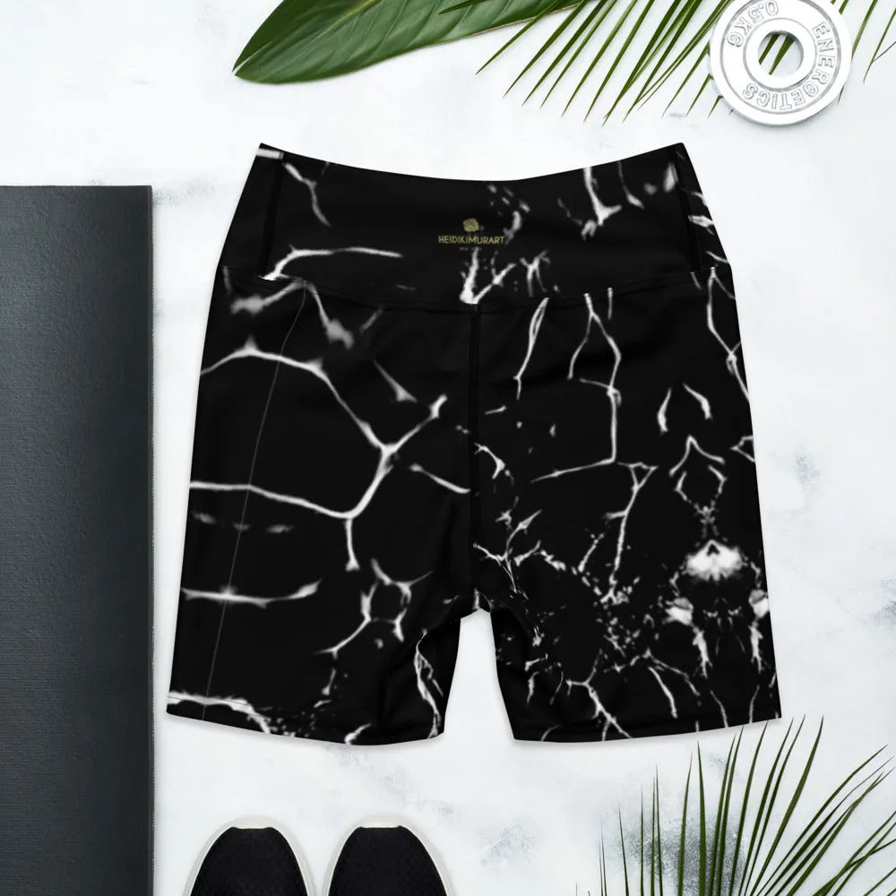 Black Marble Print Yoga Shorts, Marble Abstract Women's Workout Tights-Made in USA/EU/MX