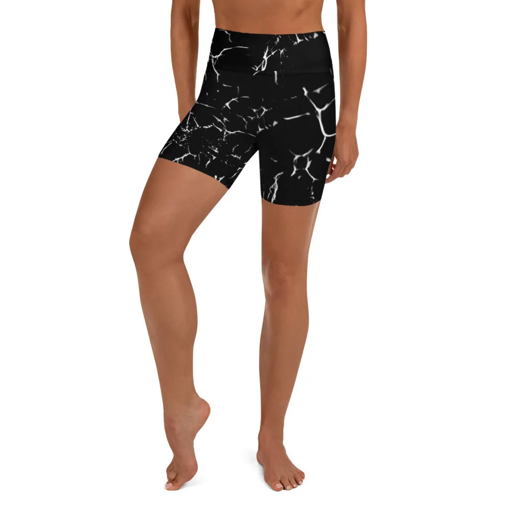 Black Marble Print Yoga Shorts, Marble Abstract Women's Workout Tights-Made in USA/EU/MX