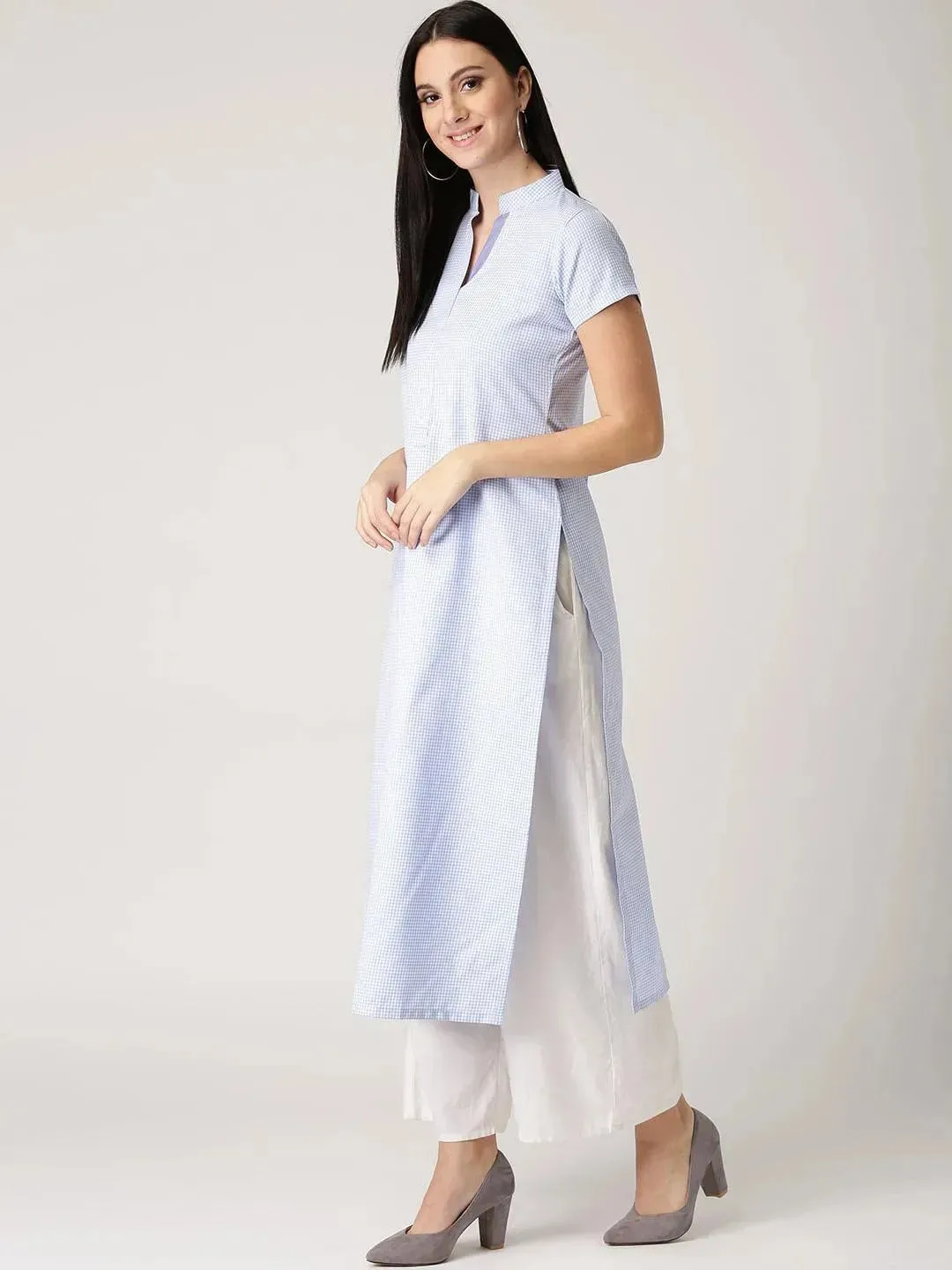 Blue Checkered Polyester Kurta