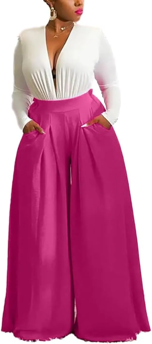 Casual Plus Size Wide Leg Palazzo Pants for Women Lounge High Waist Skirt Pants with Pockets Elastic Waistband