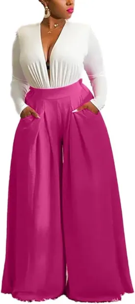 Casual Plus Size Wide Leg Palazzo Pants for Women Lounge High Waist Skirt Pants with Pockets Elastic Waistband