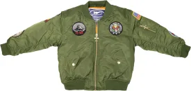 Children's Medium-Weight MA-1 Flight Jacket in Green With Seven Patches