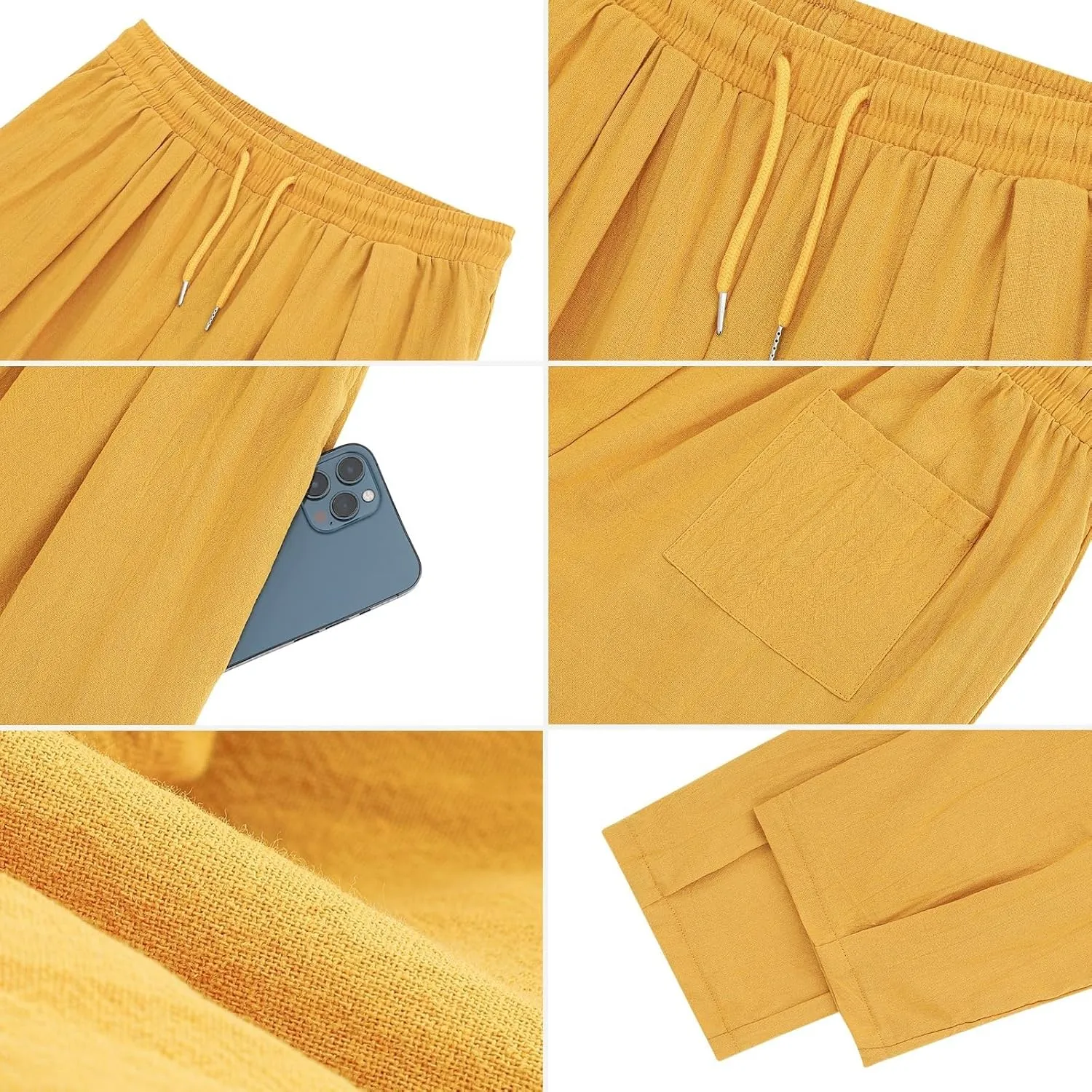 Cotton Linen Pants Men Casual Elastic Waist Drawstring Beach Trousers with Pockets Summer Lightweight Yoga Long Pants