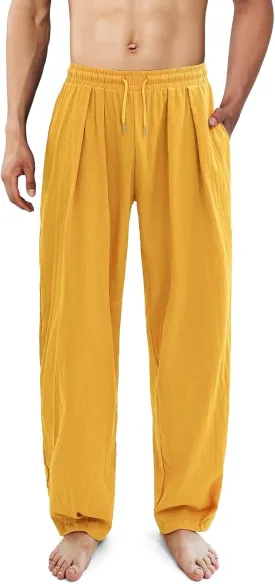 Cotton Linen Pants Men Casual Elastic Waist Drawstring Beach Trousers with Pockets Summer Lightweight Yoga Long Pants
