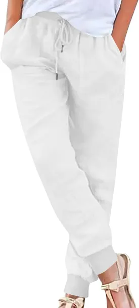 Cotton Linen Pants Women Drawstring High Waisted Tapered Joggers Pants Baggy Beach Travel Cinch Bottom Slacks Pockets