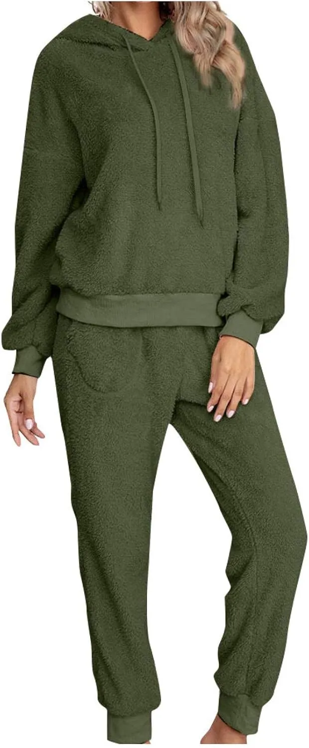 Fleece Tracksuits Women's Monochrome Pockets Two-Piece Homewear Plush Sweater Pants Sets,Green,L