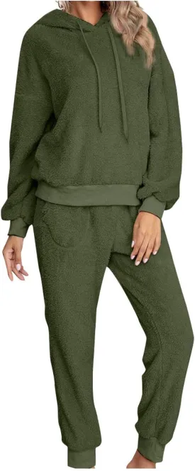 Fleece Tracksuits Women's Monochrome Pockets Two-Piece Homewear Plush Sweater Pants Sets,Green,M