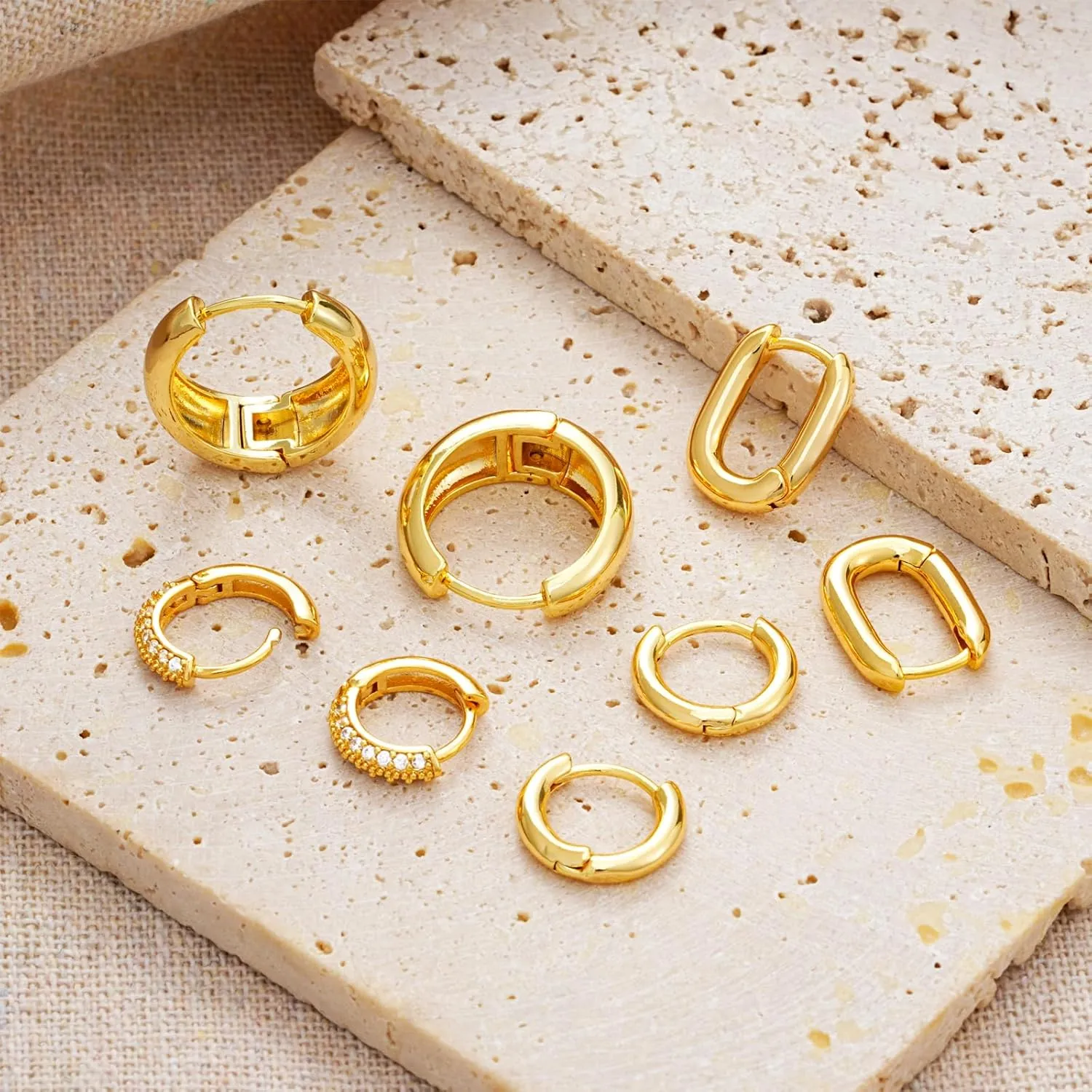 Gold Hoop Earrings Set for Women - 14K Gold Plated, Hypoallergenic Chunky Earrings for Multiple Piercings