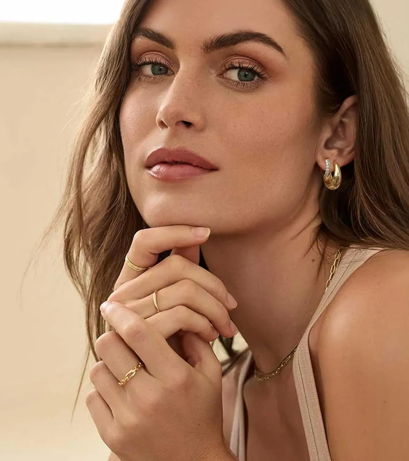 Gold Hoop Earrings Set for Women - 14K Gold Plated, Hypoallergenic Chunky Earrings for Multiple Piercings