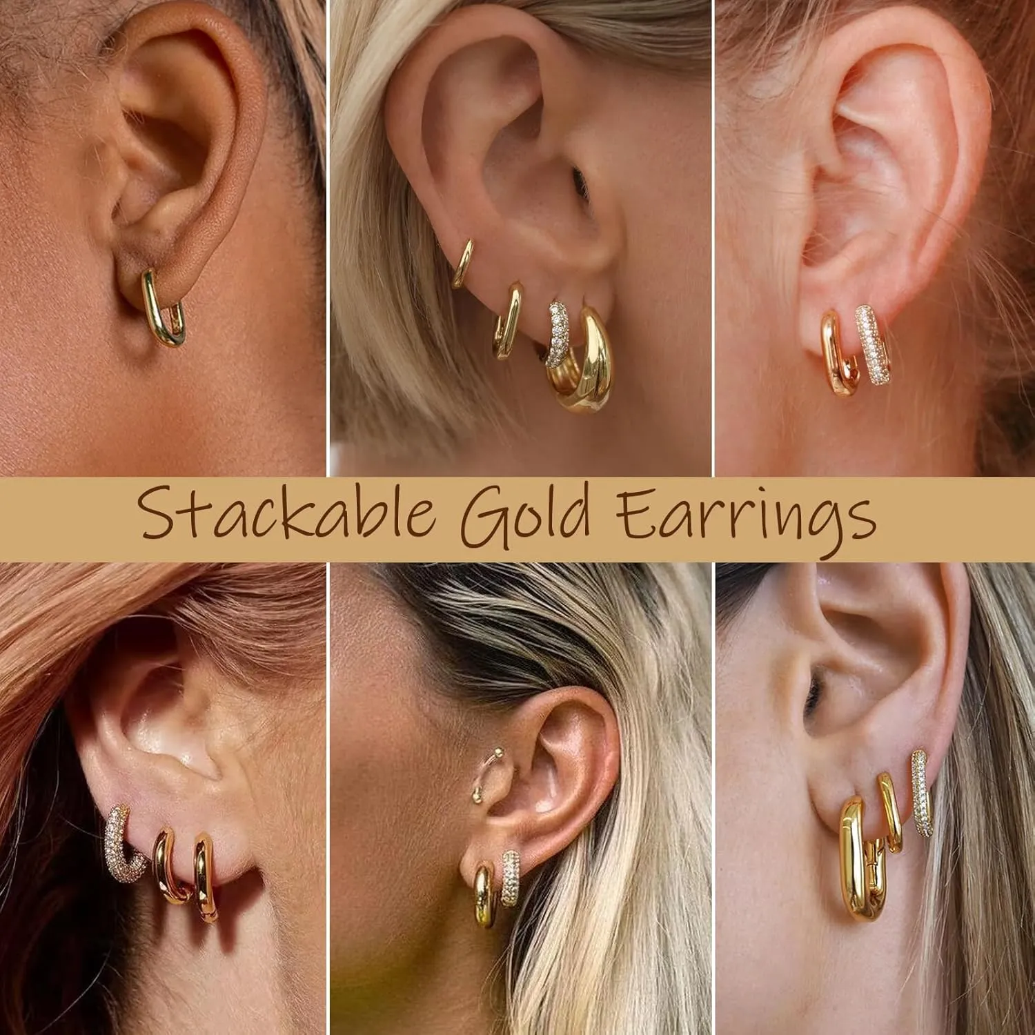 Gold Hoop Earrings Set for Women - 14K Gold Plated, Hypoallergenic Chunky Earrings for Multiple Piercings