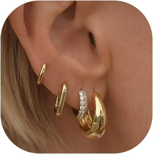 Gold Hoop Earrings Set for Women - 14K Gold Plated, Hypoallergenic Chunky Earrings for Multiple Piercings
