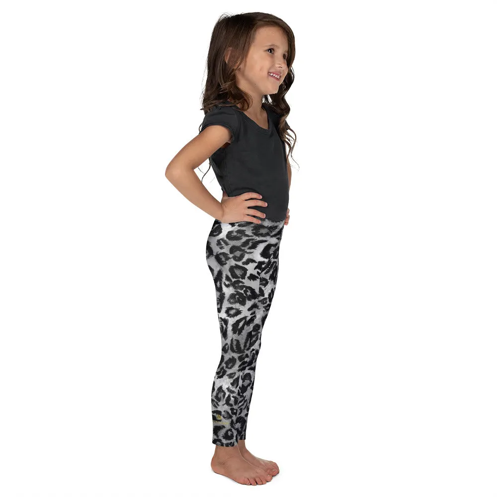Gray Black Leopard Girl's Tights, Animal Print Kid's Leggings Fitness Workout Pants- Made in USA/EU