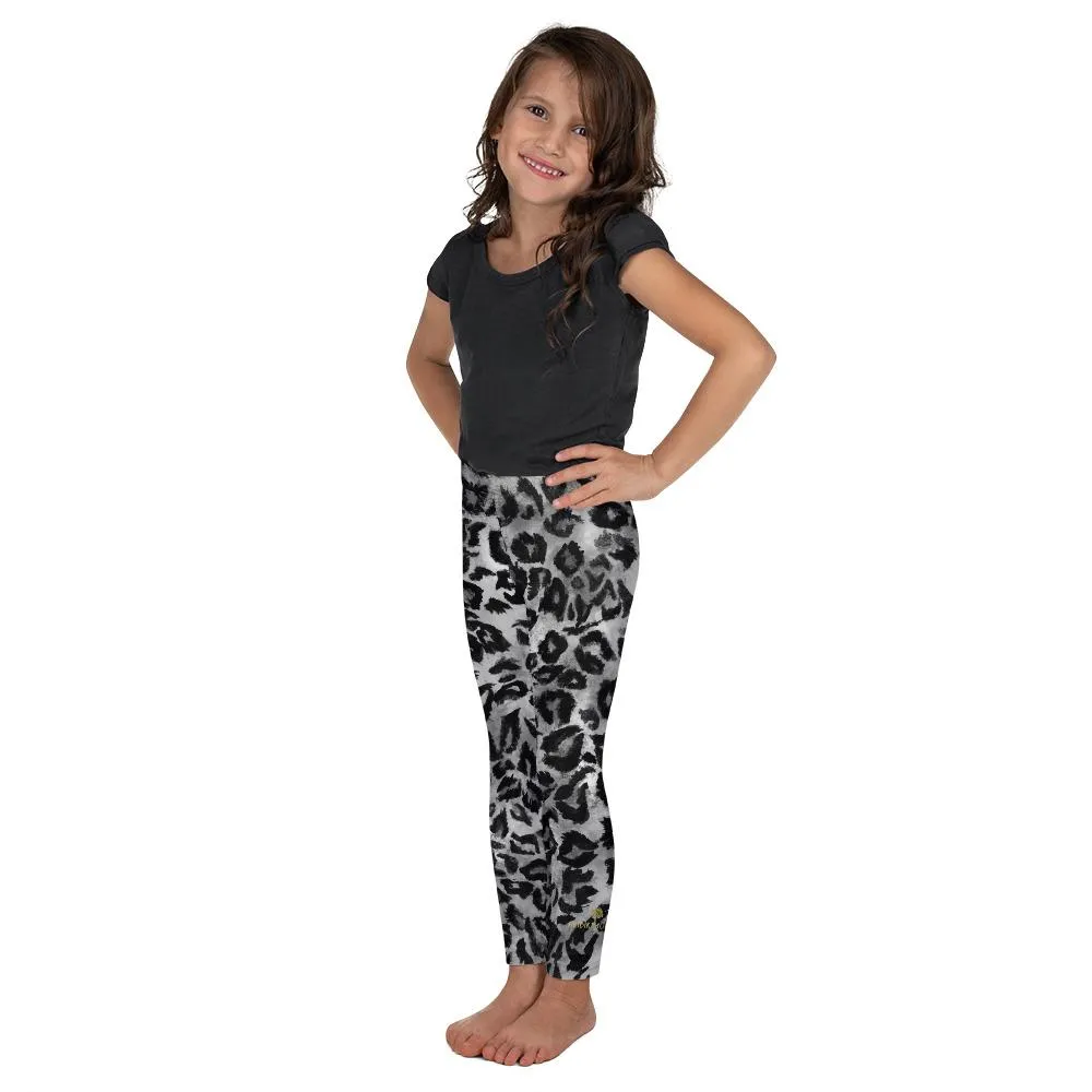Gray Black Leopard Girl's Tights, Animal Print Kid's Leggings Fitness Workout Pants- Made in USA/EU