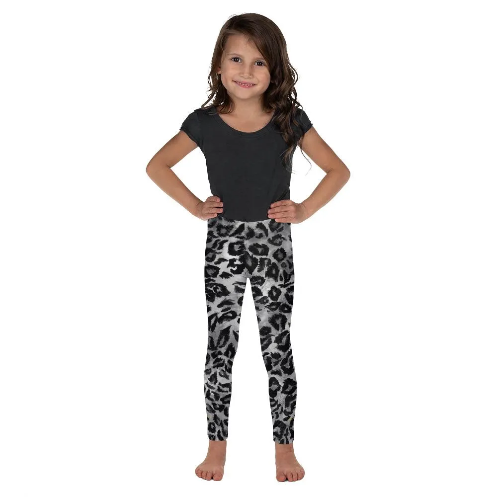Gray Black Leopard Girl's Tights, Animal Print Kid's Leggings Fitness Workout Pants- Made in USA/EU