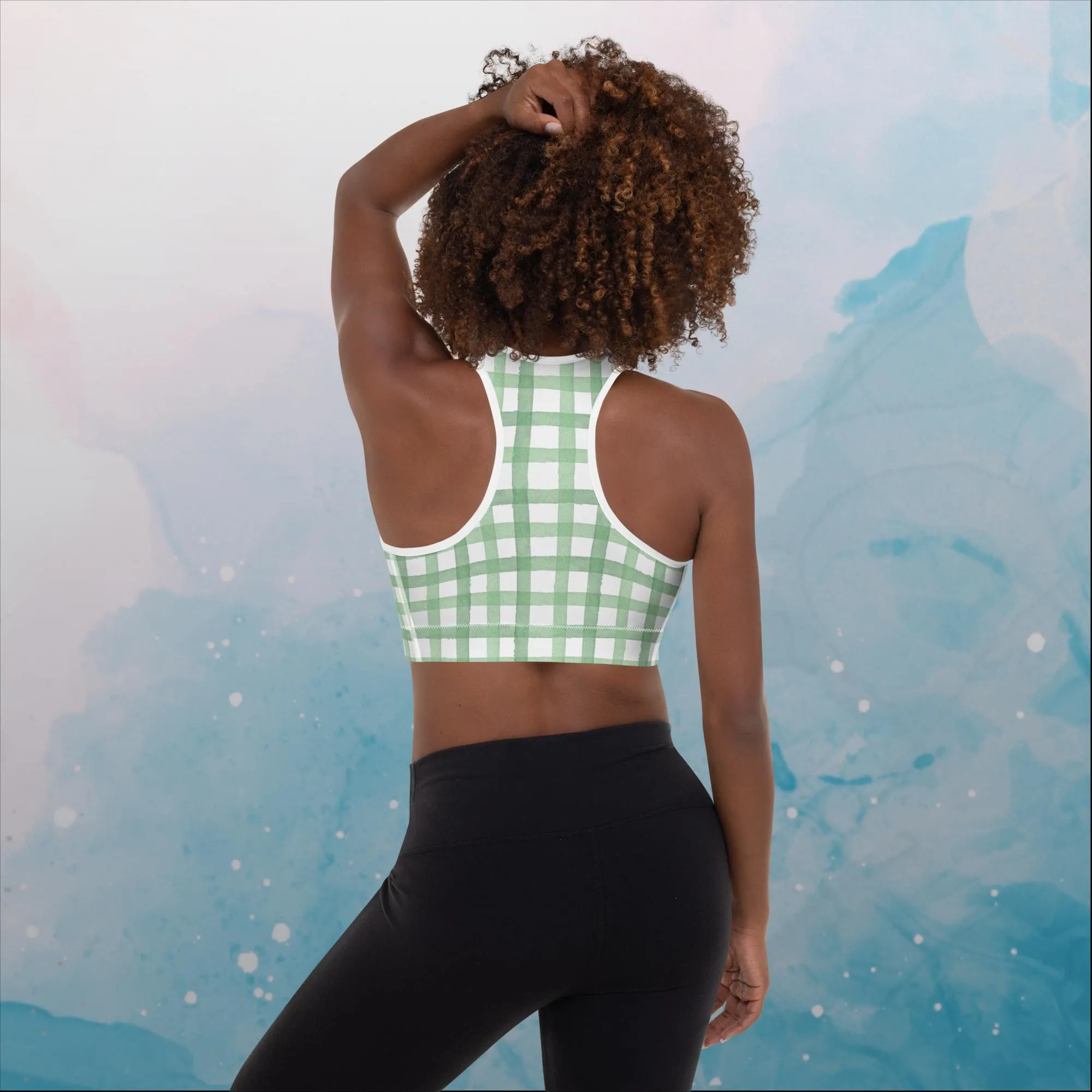 Green Gingham Print Womens Padded Sports Bra