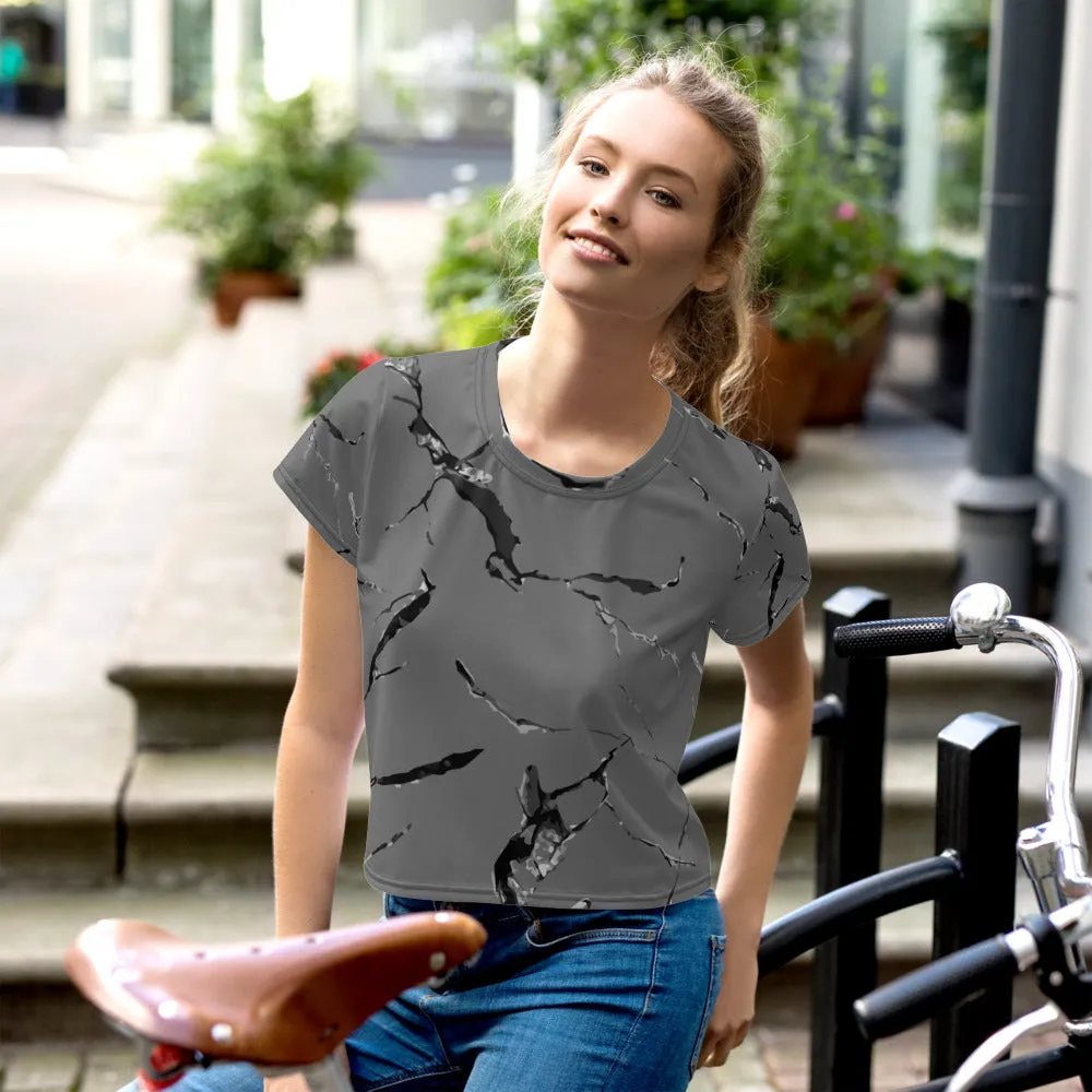 Grey Marble Crop Tee, Marble Print Cropped Women's Designer T-Shirt-Made in USA/EU