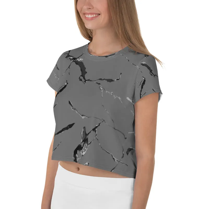 Grey Marble Crop Tee, Marble Print Cropped Women's Designer T-Shirt-Made in USA/EU
