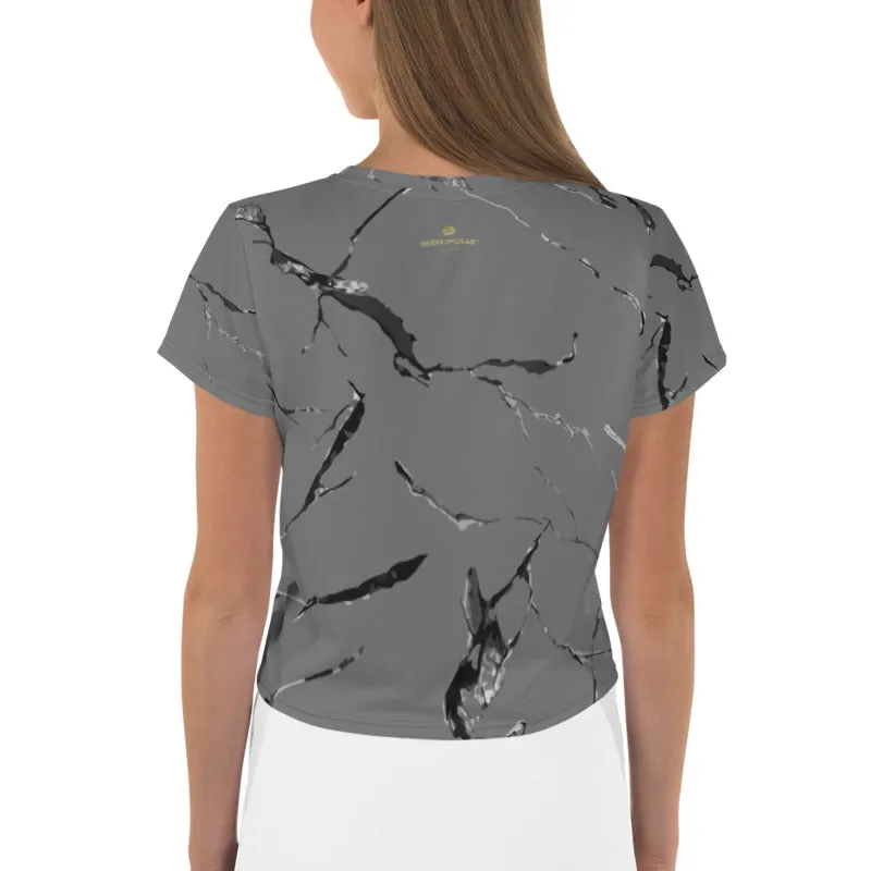 Grey Marble Crop Tee, Marble Print Cropped Women's Designer T-Shirt-Made in USA/EU