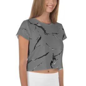 Grey Marble Crop Tee, Marble Print Cropped Women's Designer T-Shirt-Made in USA/EU