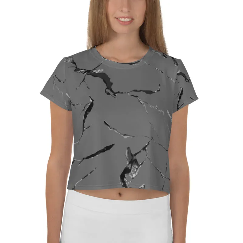 Grey Marble Crop Tee, Marble Print Cropped Women's Designer T-Shirt-Made in USA/EU