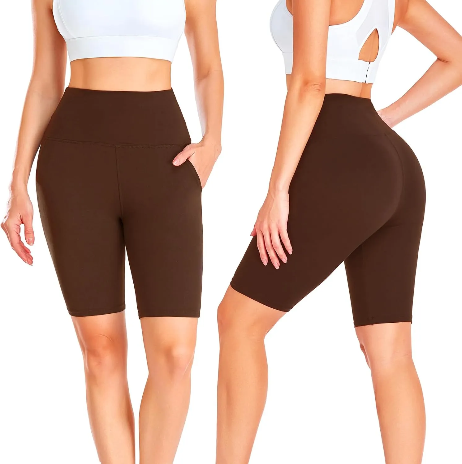 GROTEEN 8'' Biker Shorts Women with Pockets - High Waisted Tummy Control Yoga Workout Running Gym Spandex Shorts