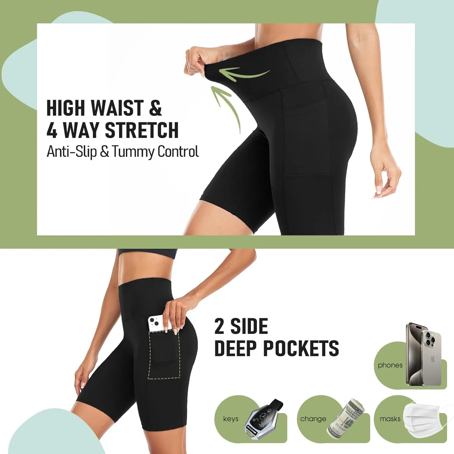 GROTEEN 8'' Biker Shorts Women with Pockets - High Waisted Tummy Control Yoga Workout Running Gym Spandex Shorts