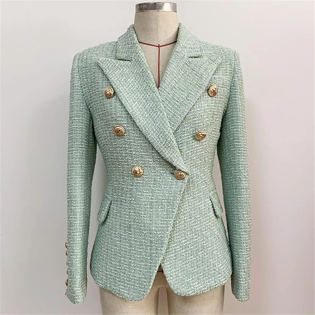 Jacket Women's Classic Metal Buttons Double Breasted Tweed Blazer Mint Green