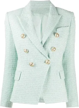 Jacket Women's Classic Metal Buttons Double Breasted Tweed Blazer Mint Green