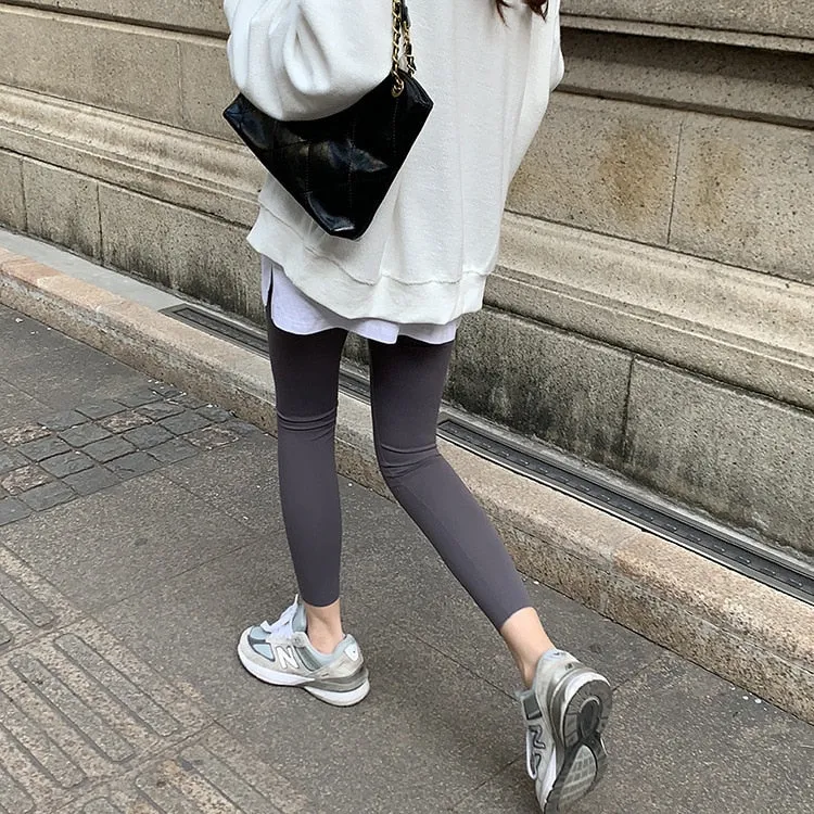 [Korean Style] Black Gray Stretchy Tummy Control Ankle Length Leggings