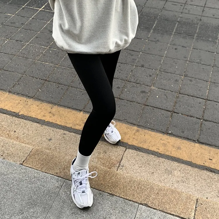 [Korean Style] Black Gray Stretchy Tummy Control Ankle Length Leggings
