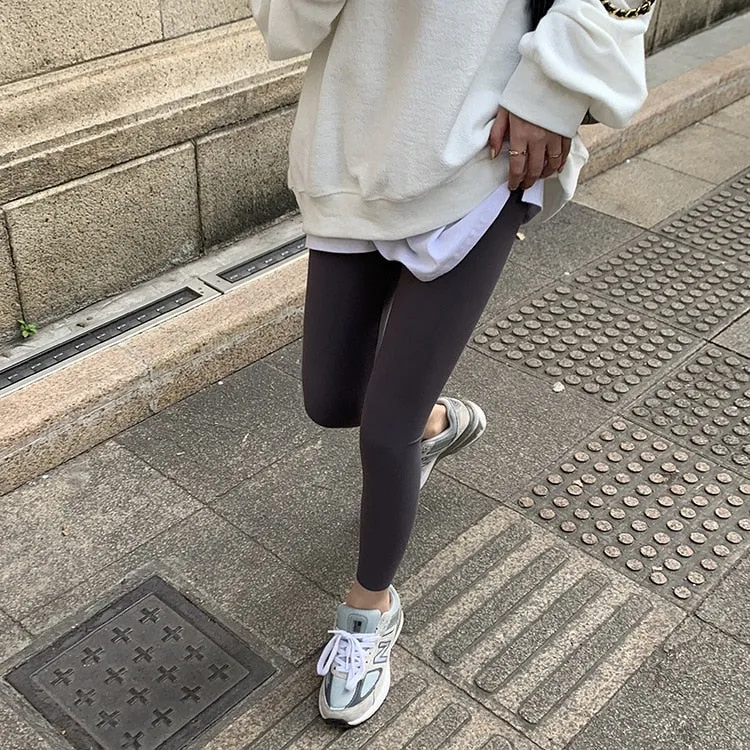 [Korean Style] Black Gray Stretchy Tummy Control Ankle Length Leggings