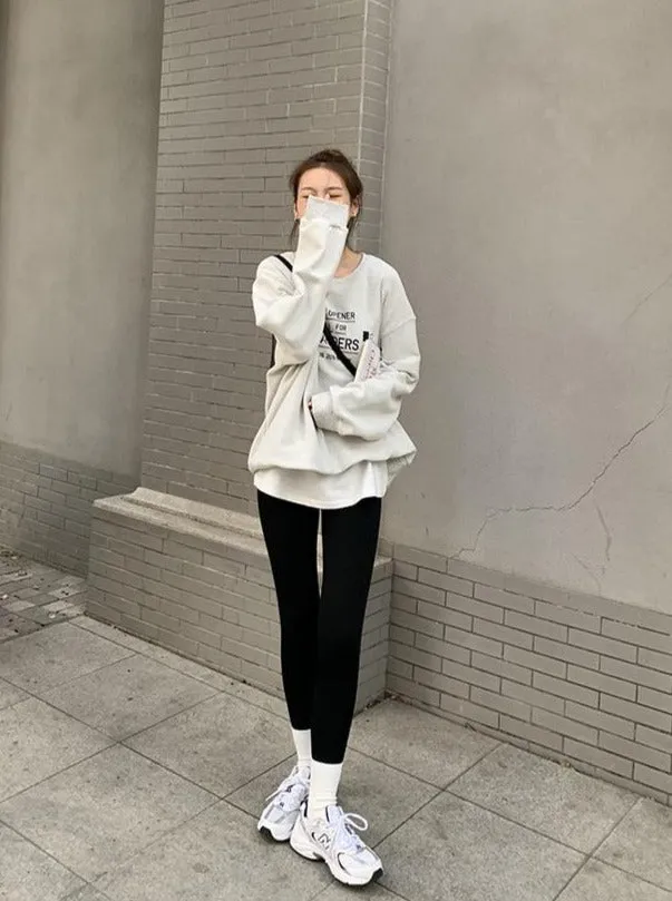 [Korean Style] Black Gray Stretchy Tummy Control Ankle Length Leggings