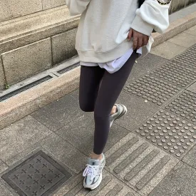 [Korean Style] Black Gray Stretchy Tummy Control Ankle Length Leggings