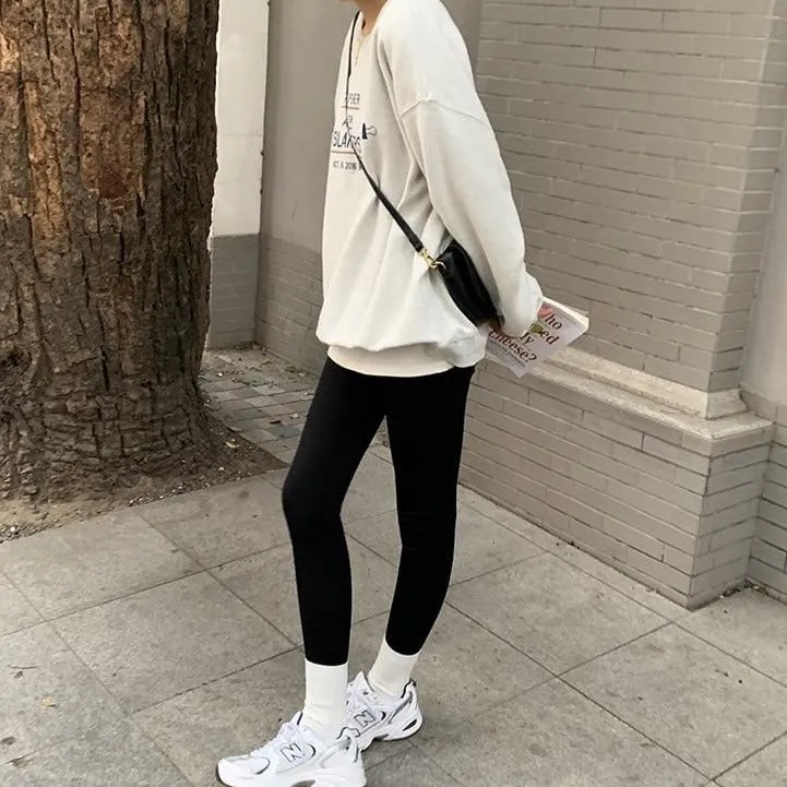 [Korean Style] Black Gray Stretchy Tummy Control Ankle Length Leggings