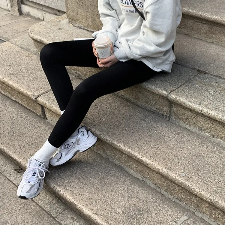 [Korean Style] Black Gray Stretchy Tummy Control Ankle Length Leggings