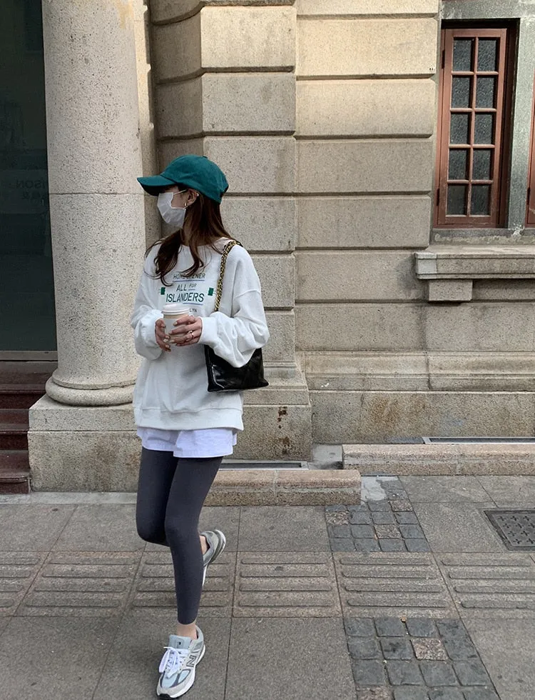 [Korean Style] Black Gray Stretchy Tummy Control Ankle Length Leggings