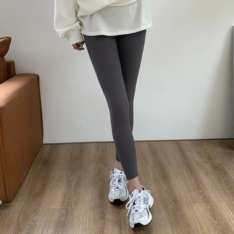 [Korean Style] Black Gray Stretchy Tummy Control Ankle Length Leggings