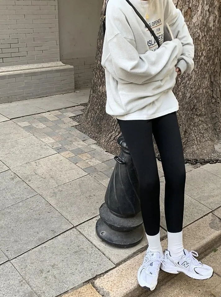 [Korean Style] Black Gray Stretchy Tummy Control Ankle Length Leggings