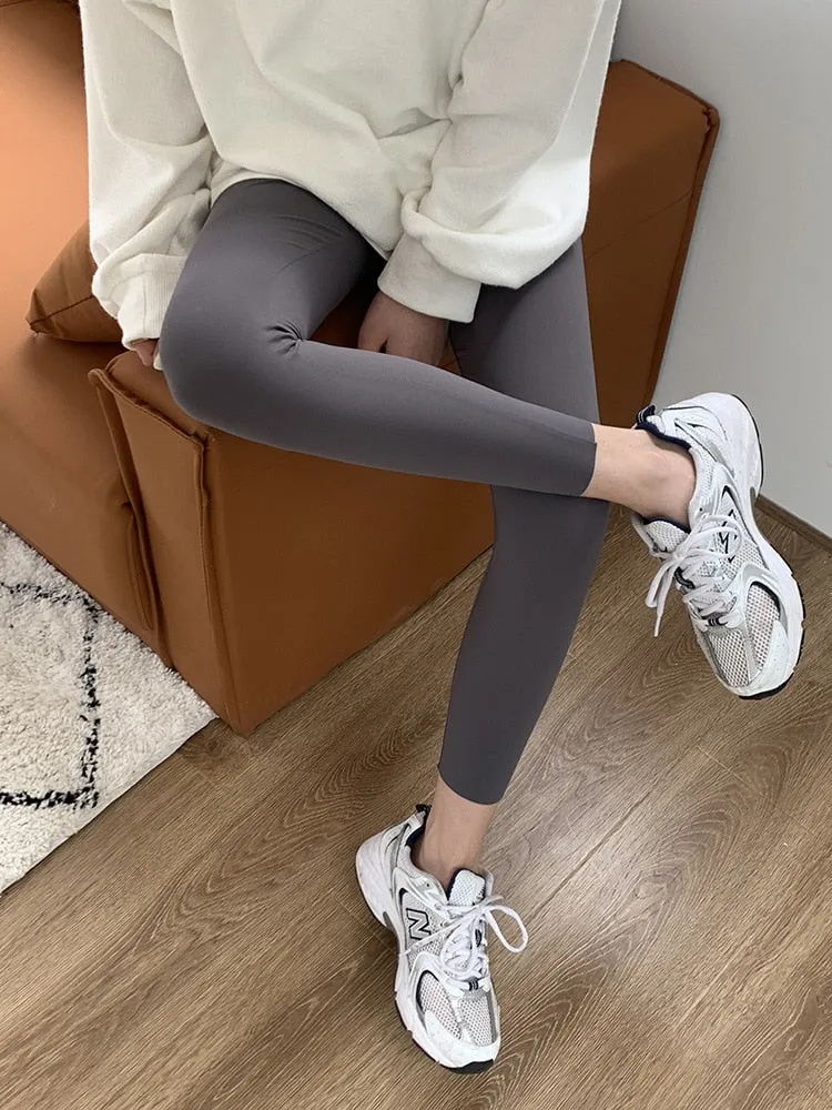 [Korean Style] Black Gray Stretchy Tummy Control Ankle Length Leggings