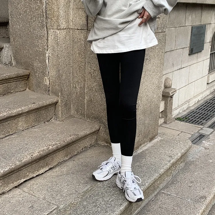 [Korean Style] Black Gray Stretchy Tummy Control Ankle Length Leggings