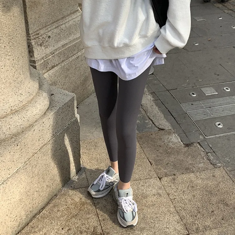 [Korean Style] Black Gray Stretchy Tummy Control Ankle Length Leggings