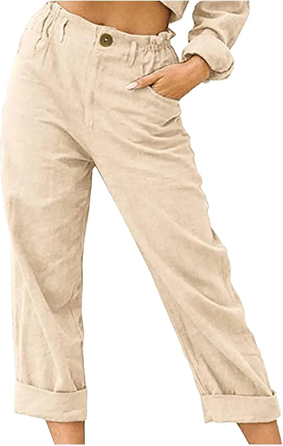 LRMQS Women Capri Pants 2024 Summer Trendy Linen Cropped Trouser with Pockets Beach Casual Cruise Fashion Capris Clothes