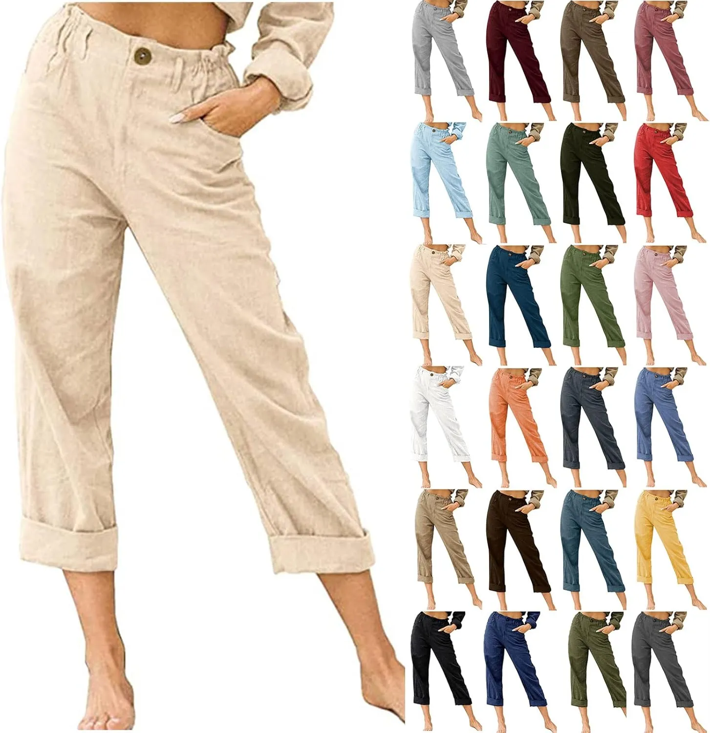 LRMQS Women Capri Pants 2024 Summer Trendy Linen Cropped Trouser with Pockets Beach Casual Cruise Fashion Capris Clothes