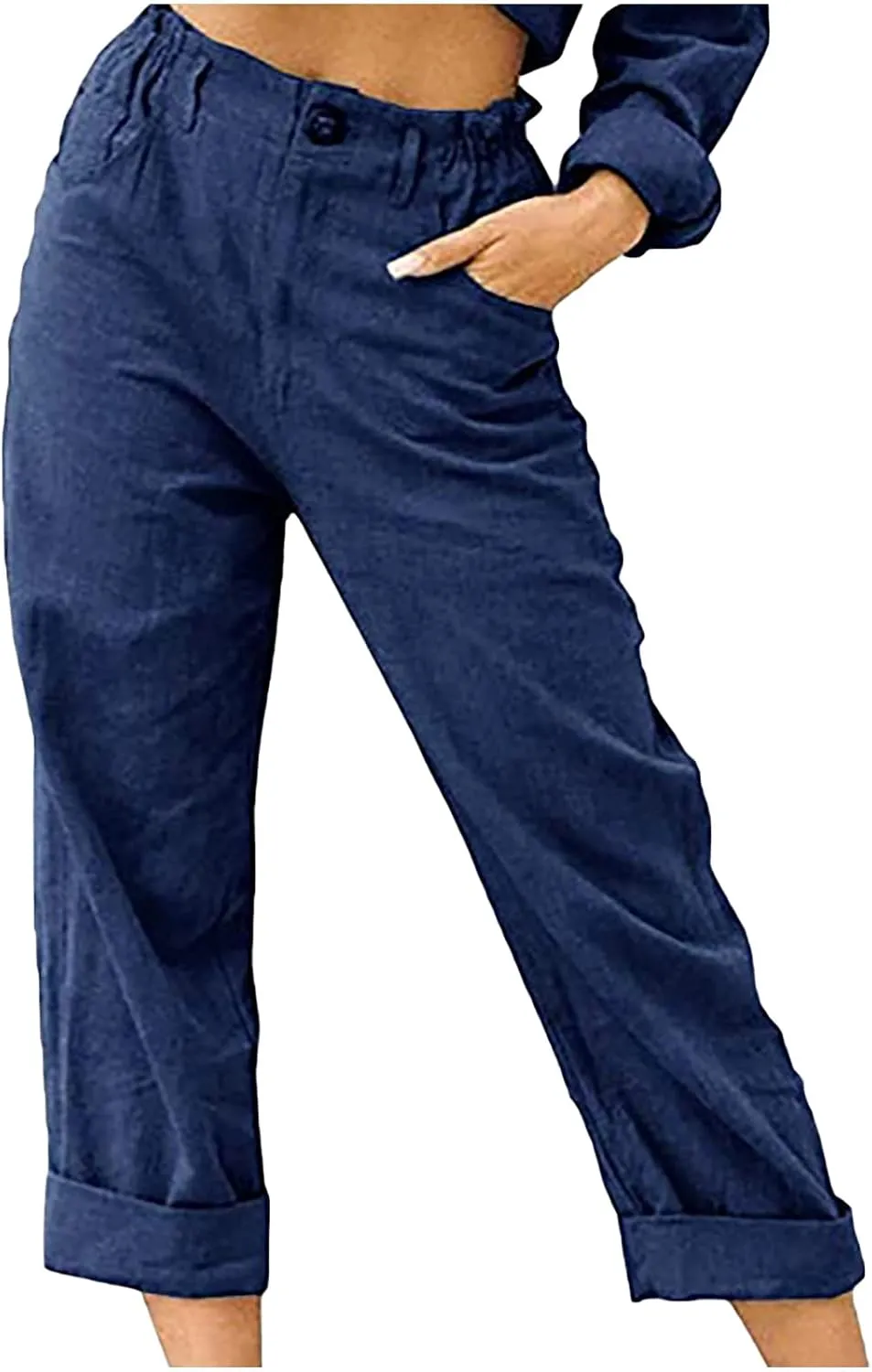 LRMQS Women Capri Pants 2024 Summer Trendy Linen Cropped Trouser with Pockets Beach Casual Cruise Fashion Capris Clothes